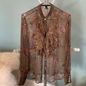 Lauren Ralph Lauren Ruffled Front Floral Print Sheer Blouse. Taupe/Mauve/Green